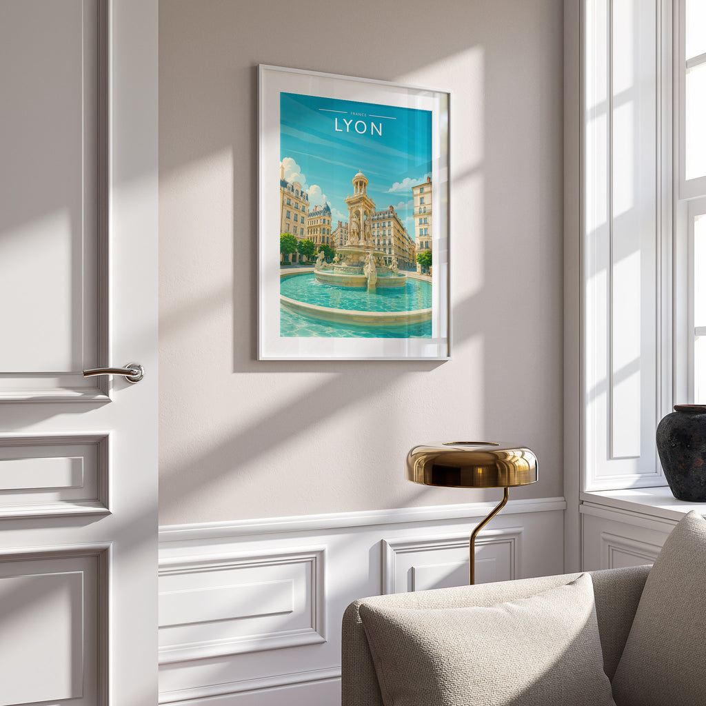 Lyon #2 Travel Poster in a white frame on a panelled wall