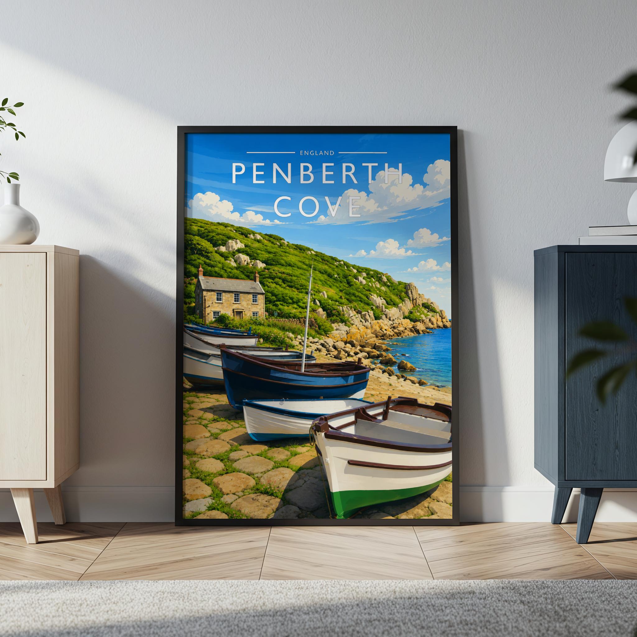 Penberth Cove Travel Poster in a black frame