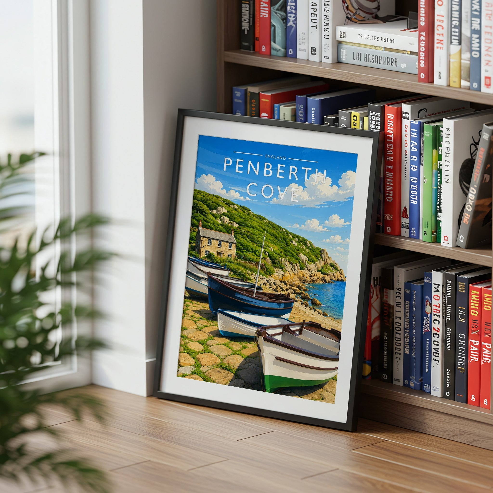 Penberth Cove Travel Poster mounted in a black frame