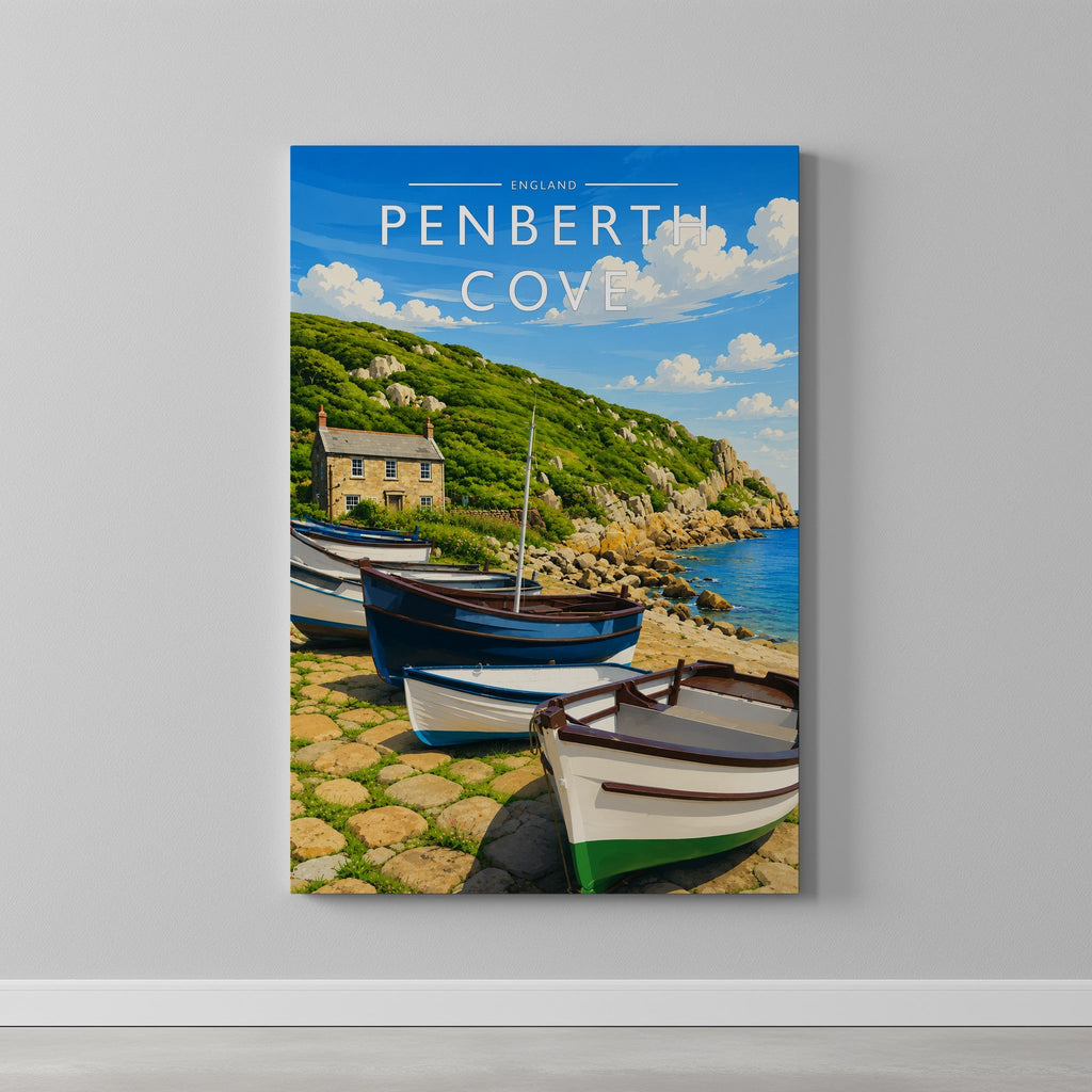Penberth Cove Travel Poster as a gallery-wrapped canvas on a plain wall