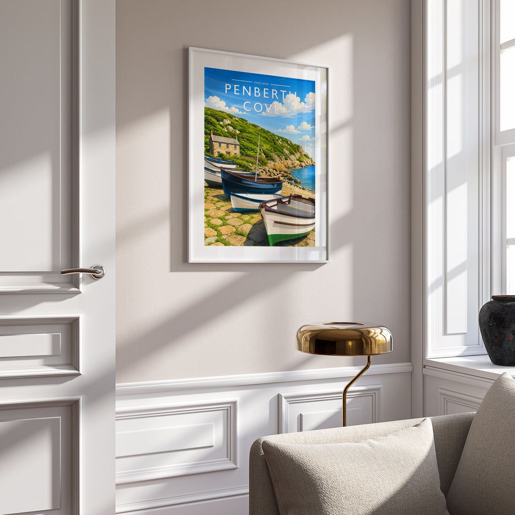 Penberth Cove Travel Poster in a white frame on a panelled wall
