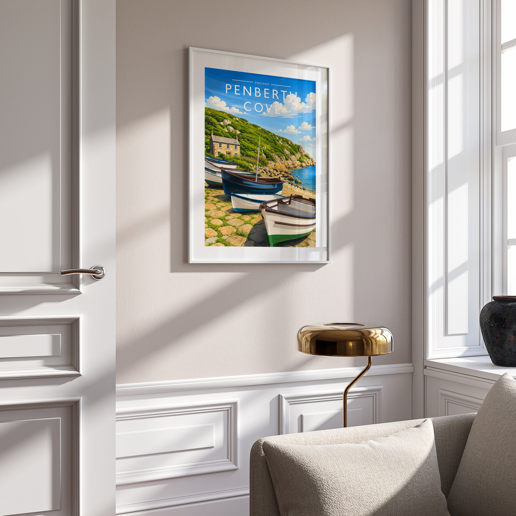 Penberth Cove Travel Poster in a white frame on a panelled wall