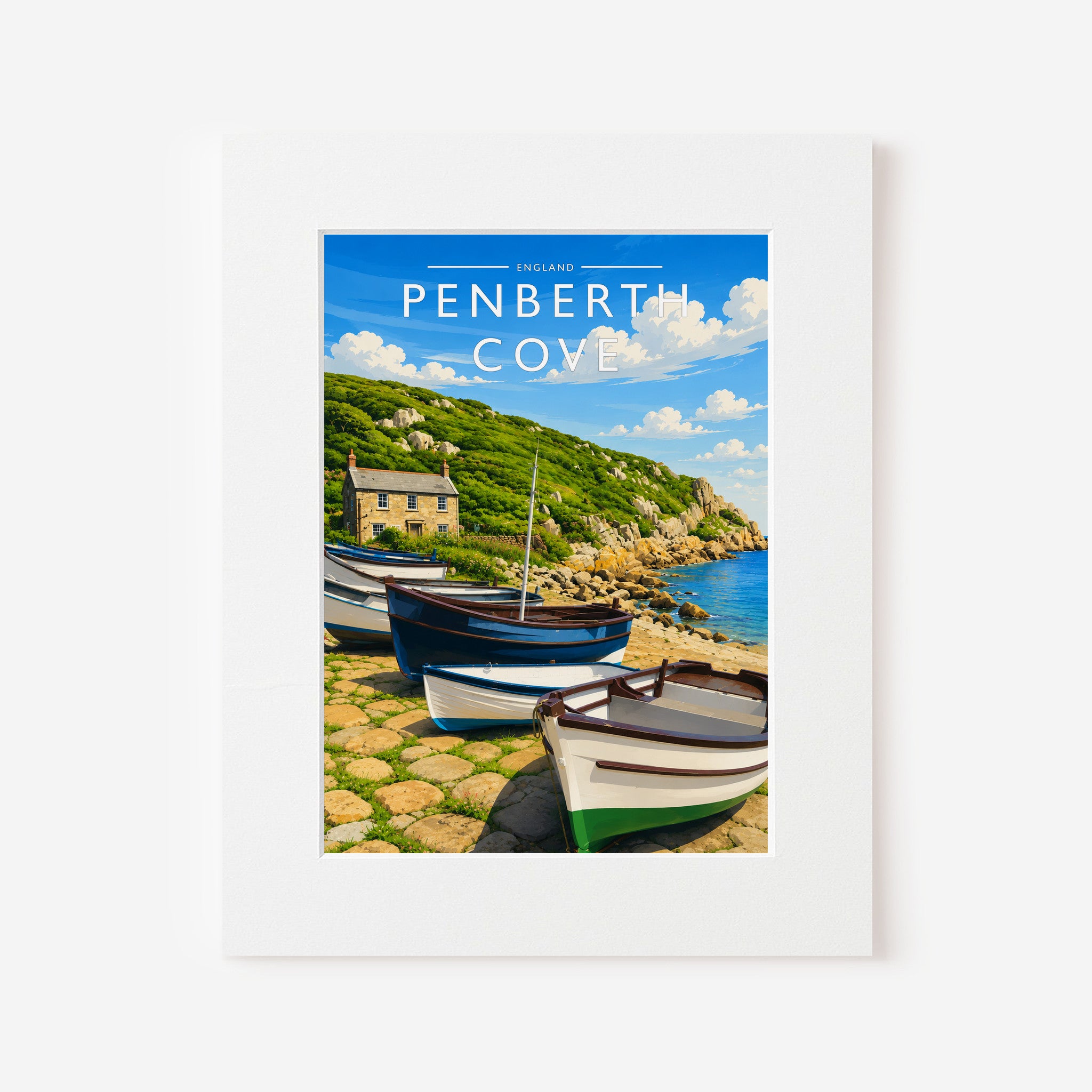 Penberth Cove Travel Poster in a white mount