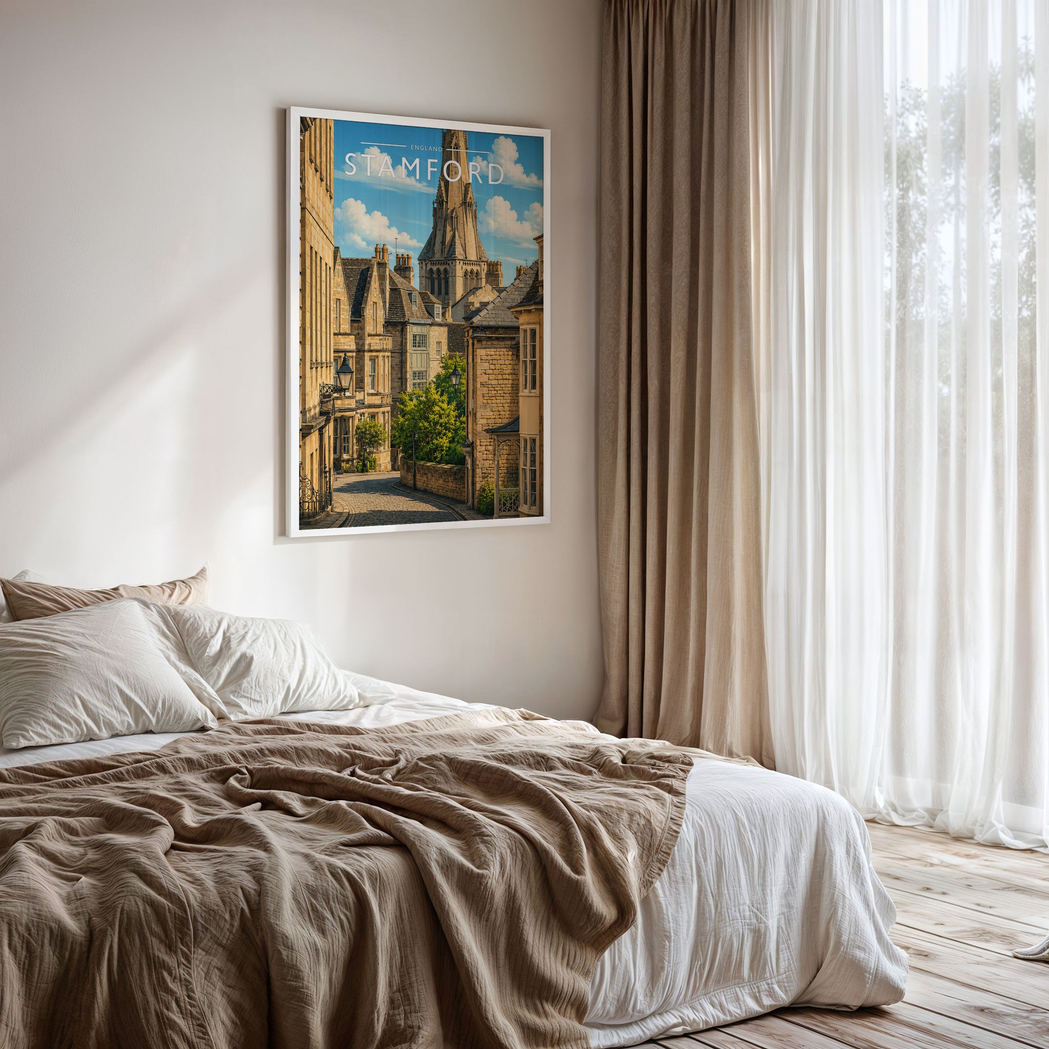 Stamford #13 Travel Poster framed on a bedroom wall