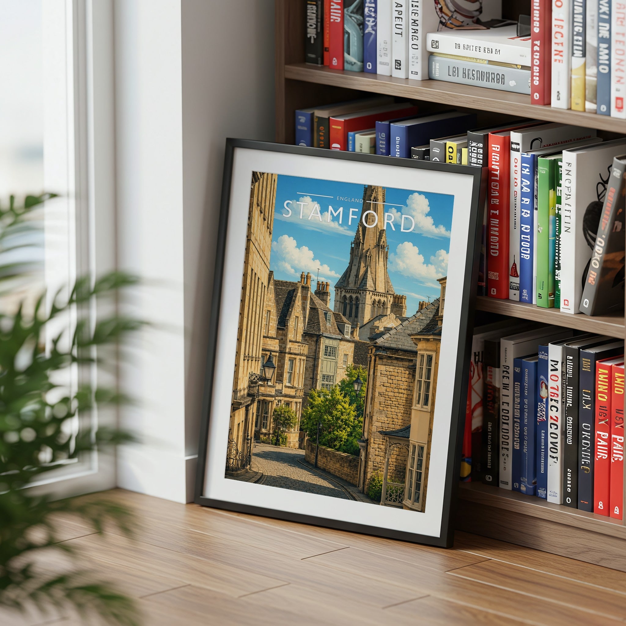Stamford #13 Travel Poster mounted in a black frame
