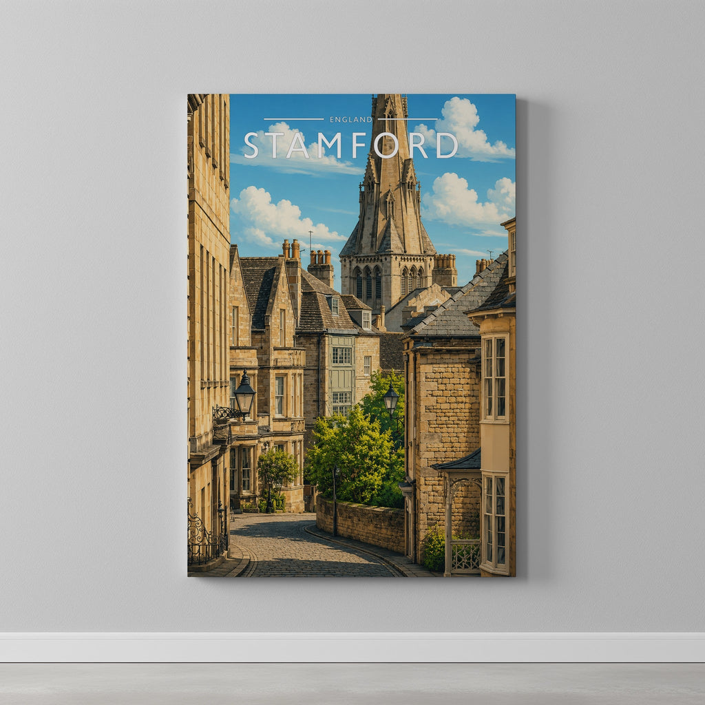 Stamford #13 Travel Poster as a gallery-wrapped canvas on a plain wall
