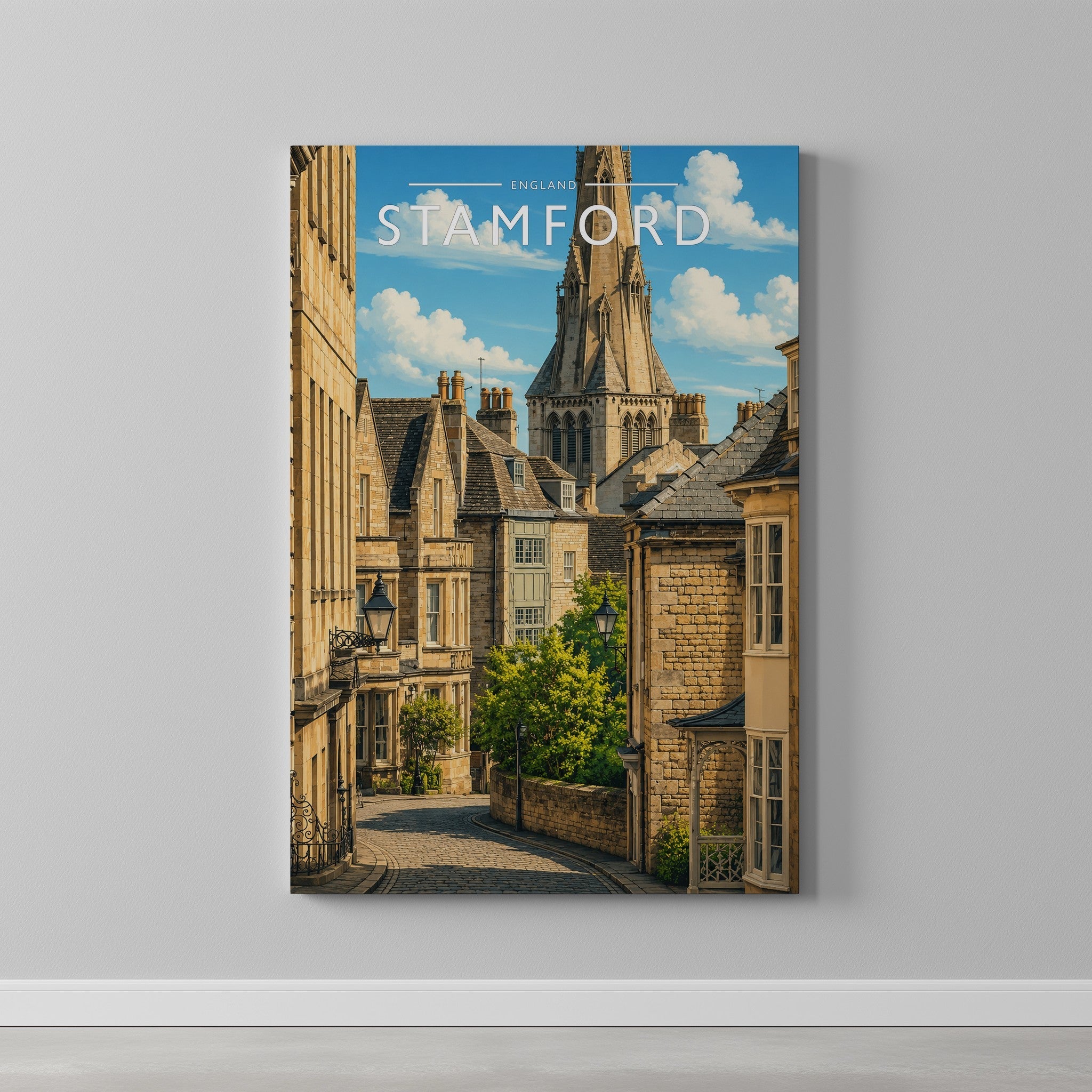Stamford #13 Travel Poster as a gallery-wrapped canvas on a plain wall