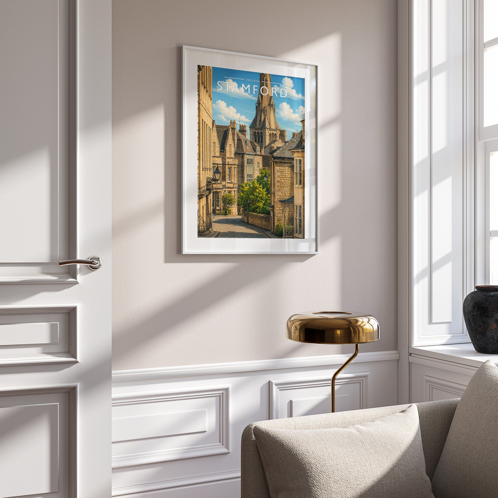 Stamford #13 Travel Poster in a white frame on a panelled wall