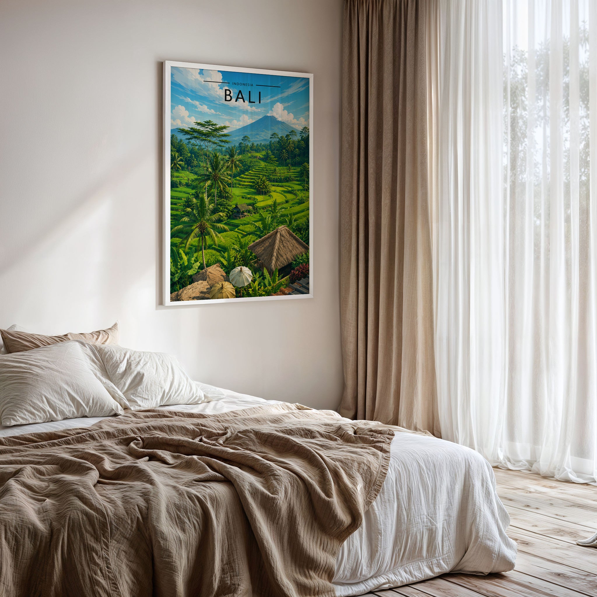 Bali Travel Poster framed on a bedroom wall