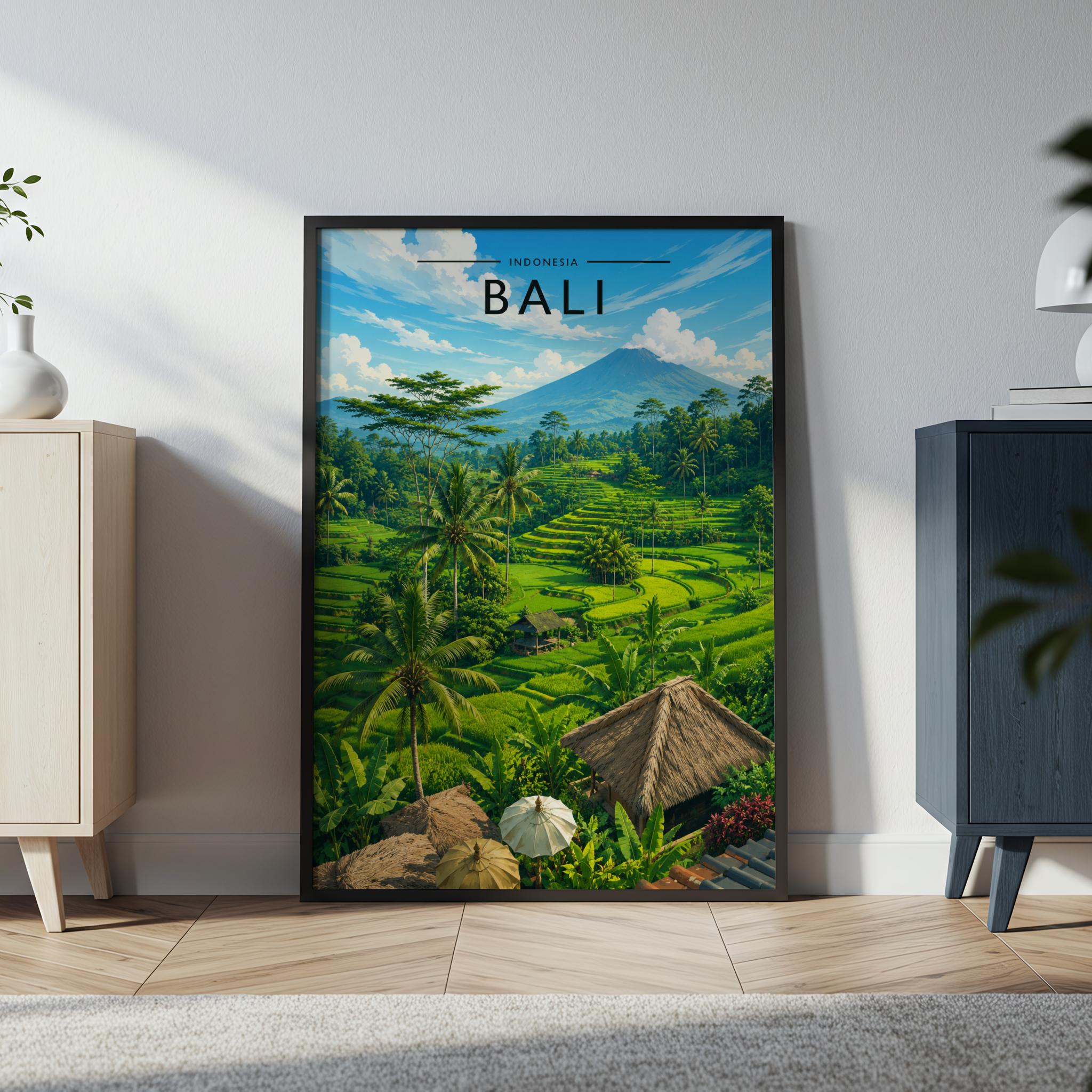 Bali Travel Poster in a black frame