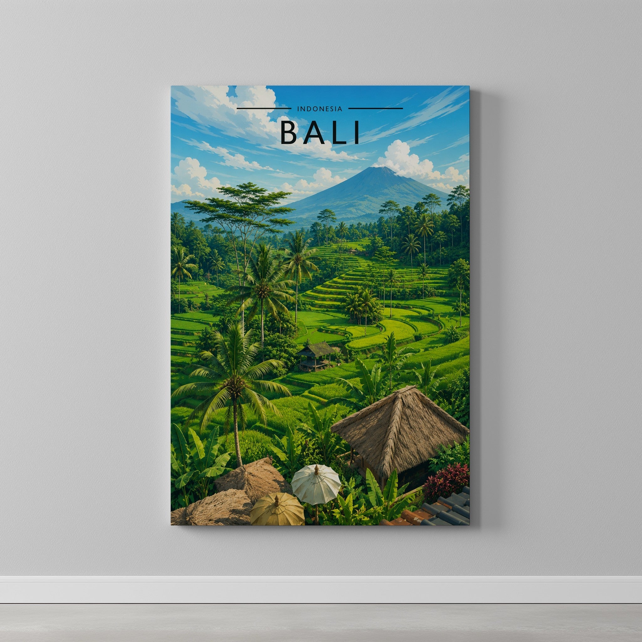 Bali Travel Poster as a gallery-wrapped canvas on a plain wall