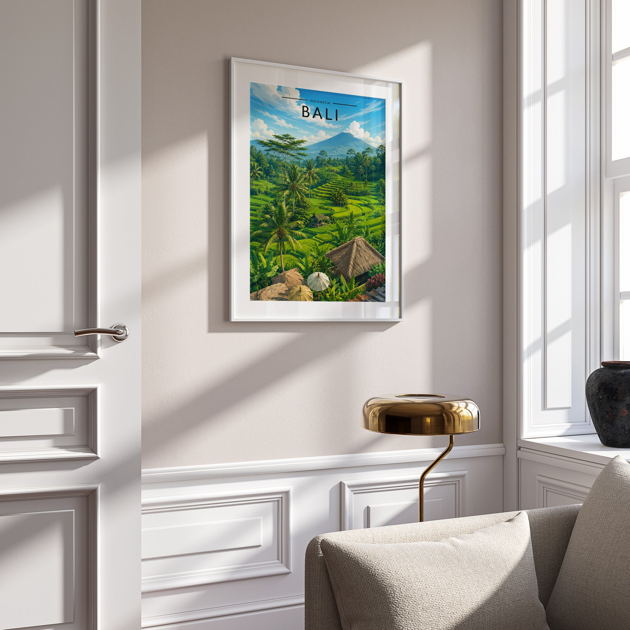 Bali Travel Poster in a white frame on a panelled wall