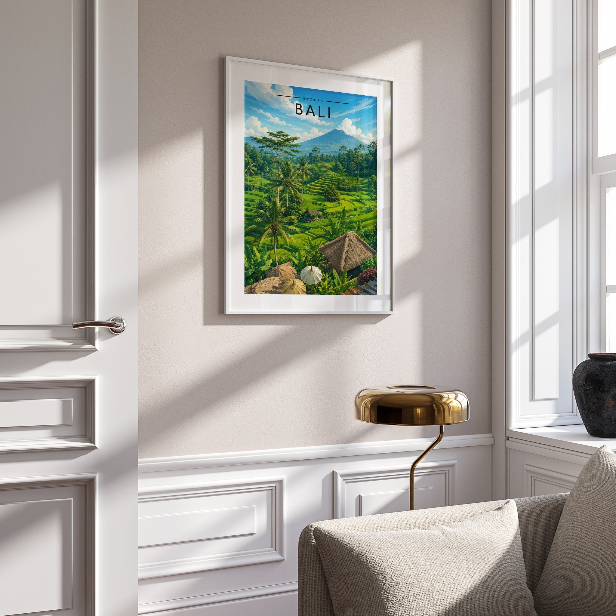 Bali Travel Poster mounted in a white frame