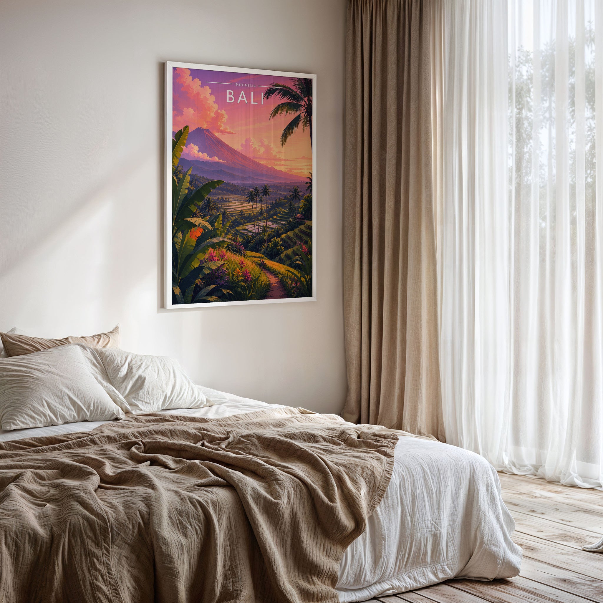 Bali #2 Travel Poster framed on a bedroom wall