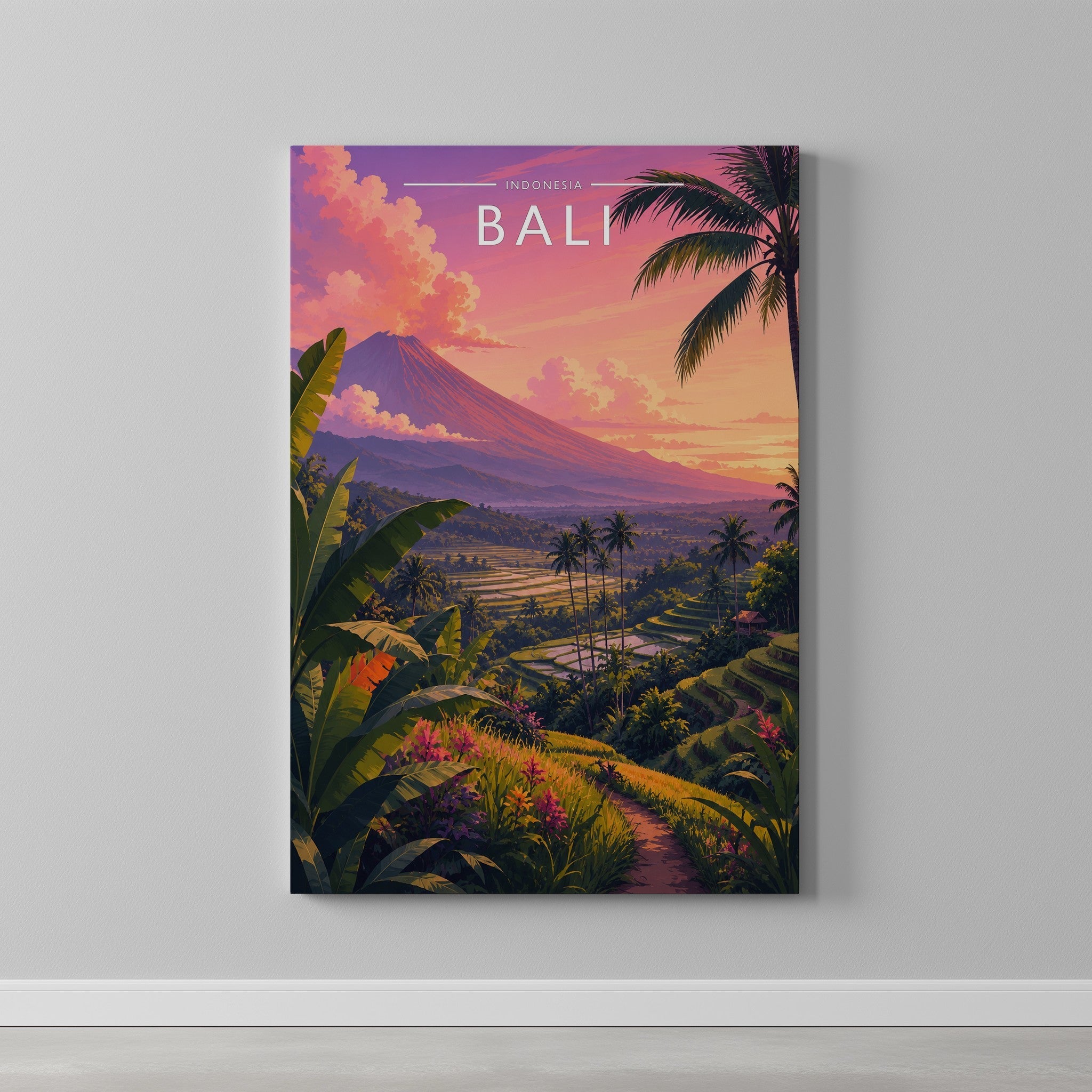 Bali #2 Travel Poster as a gallery-wrapped canvas on a plain wall