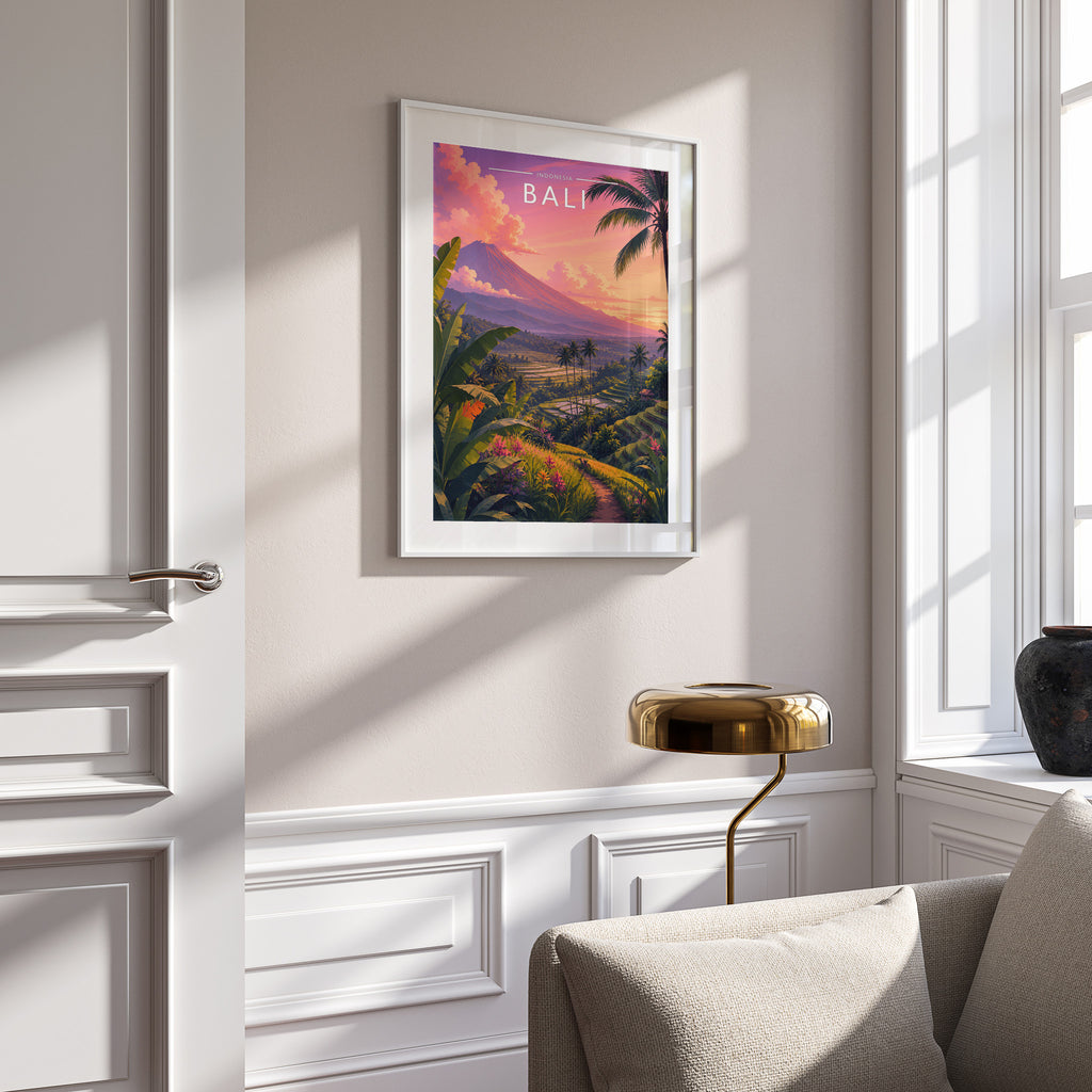 Bali #2 Travel Poster in a white frame on a panelled wall