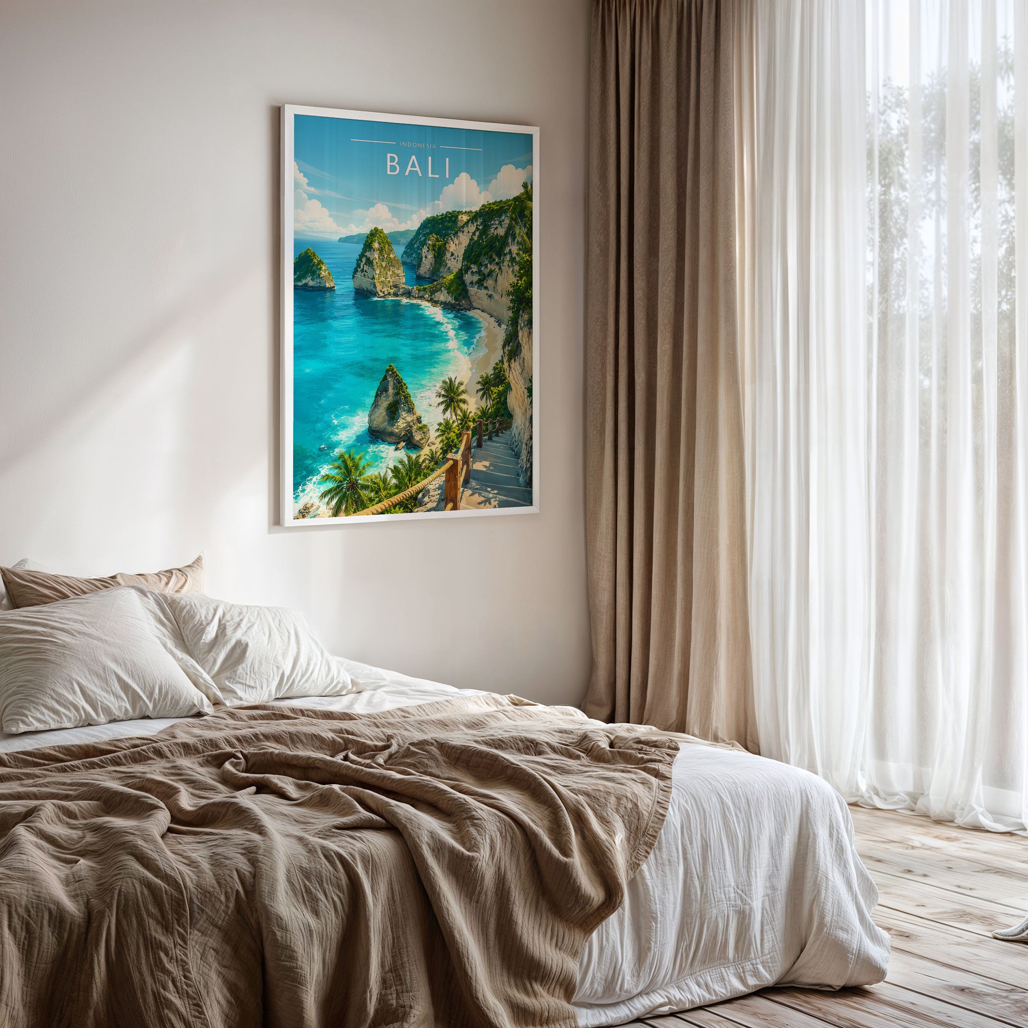 Bali #3 Travel Poster framed on a bedroom wall