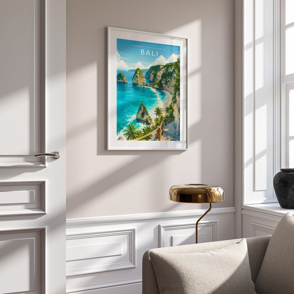 Bali #3 Travel Poster in a white frame on a panelled wall