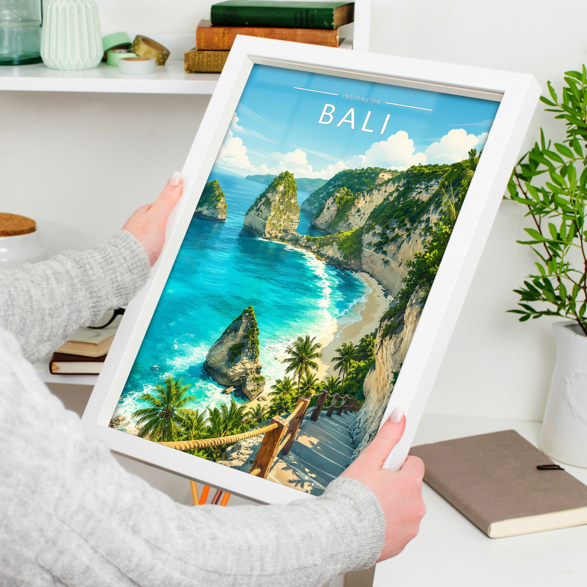 Bali #3 Travel Poster in a white frame, held to show scale