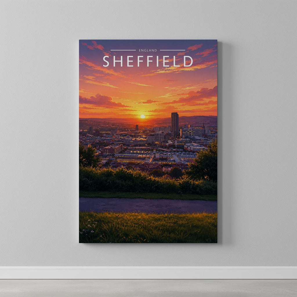Sheffield #2 Travel Poster as a gallery-wrapped canvas on a plain wall