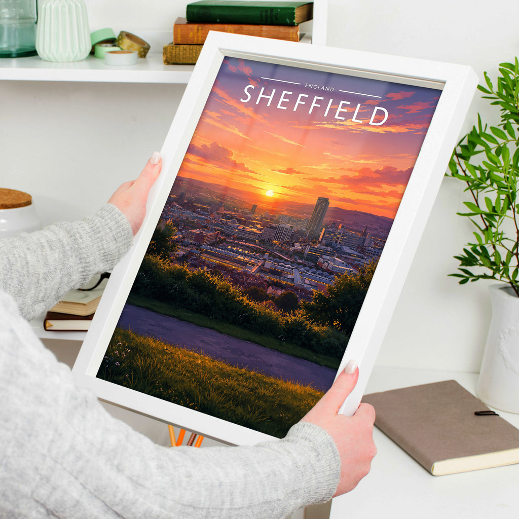 Sheffield #2 Travel Poster in a white frame, held to show scale