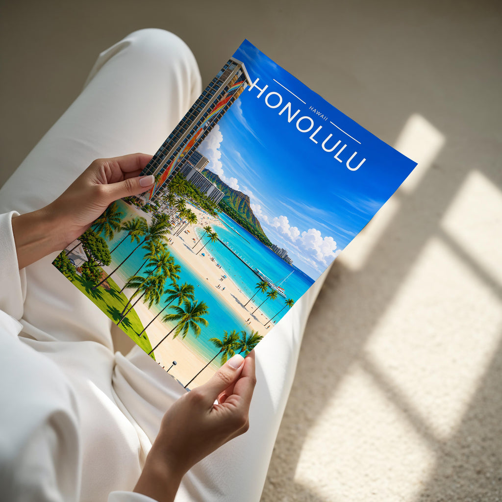 Honolulu #2 Travel Poster - A4 print held in hand