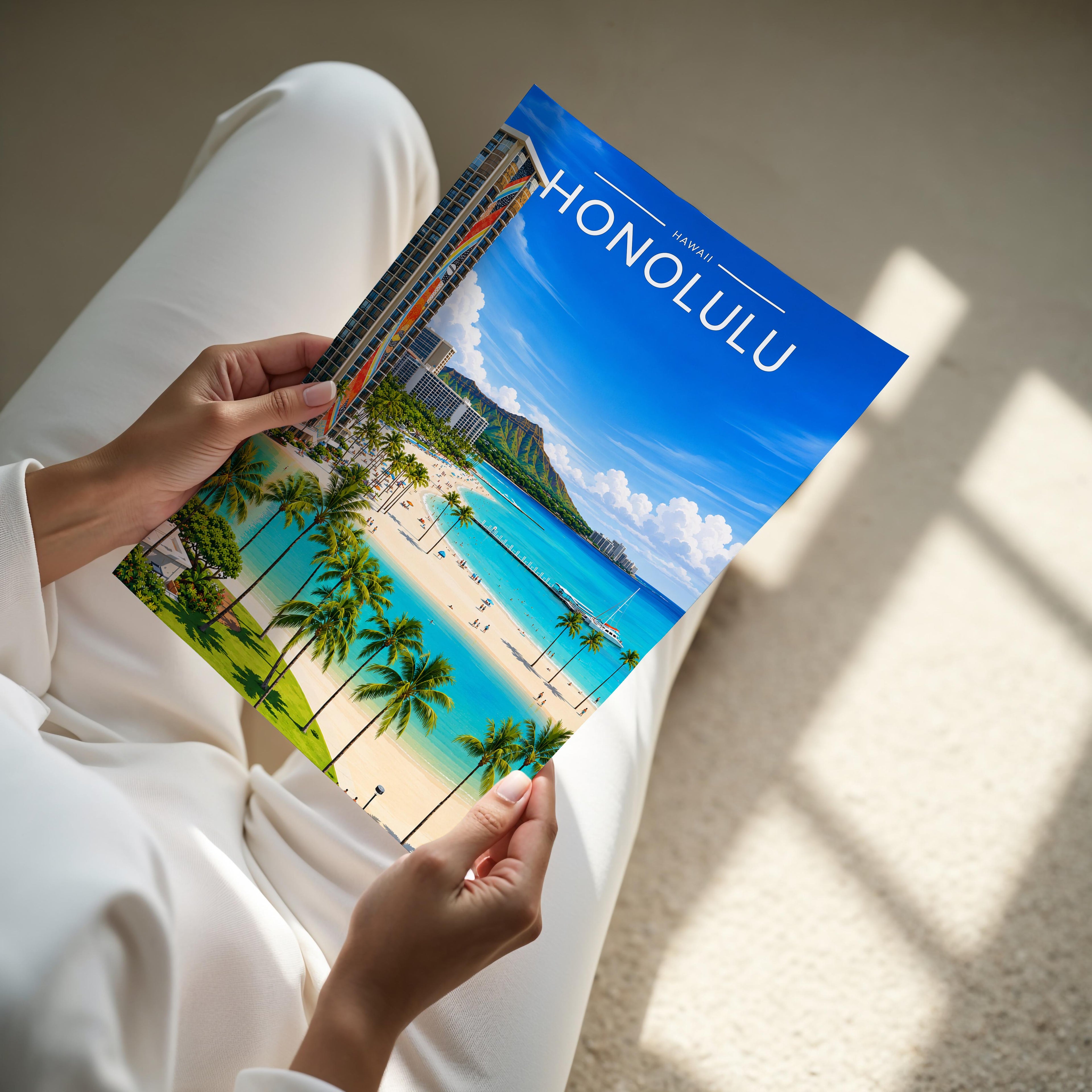 Honolulu #2 Travel Poster - A4 print held in hand