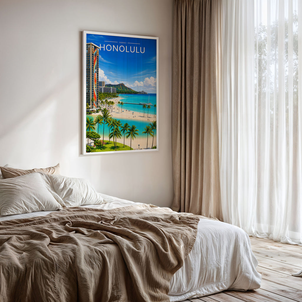 Honolulu #2 Travel Poster framed on a bedroom wall