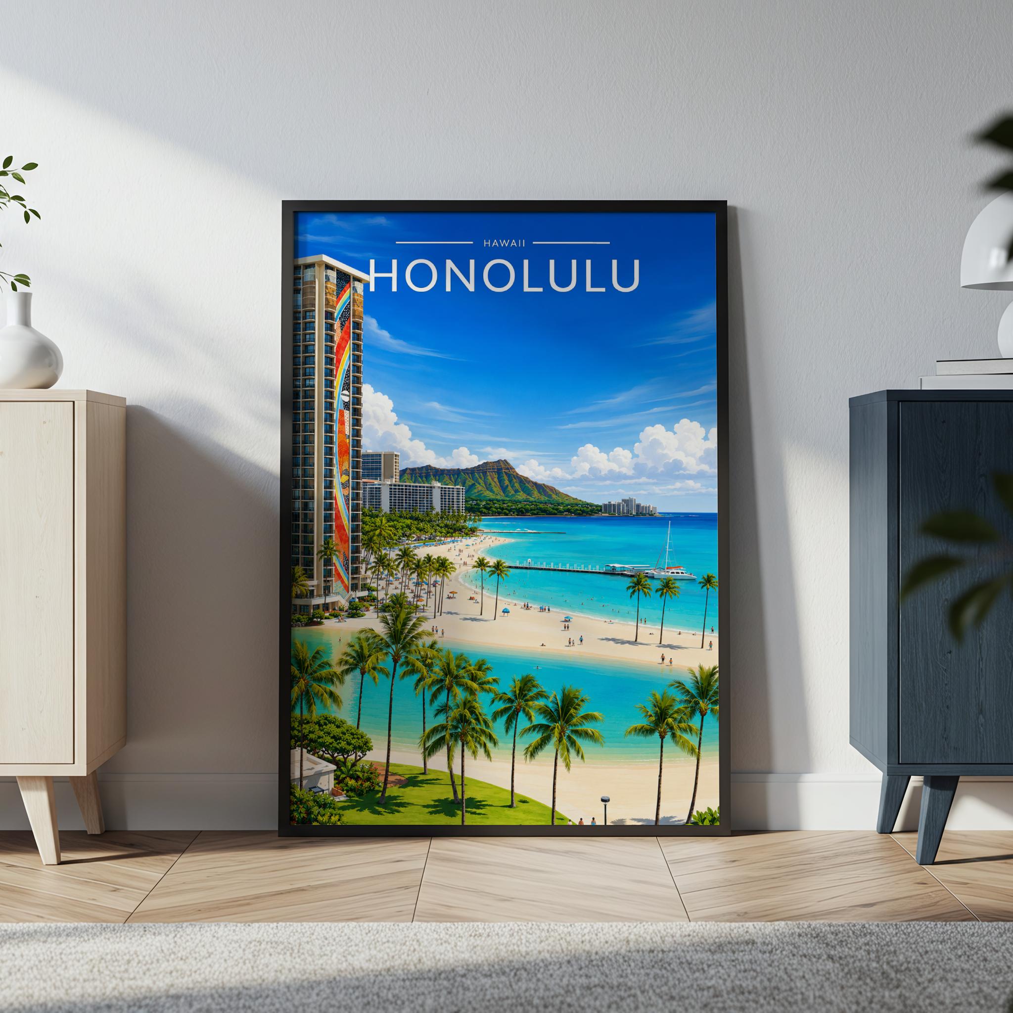 Honolulu #2 Travel Poster in a black frame