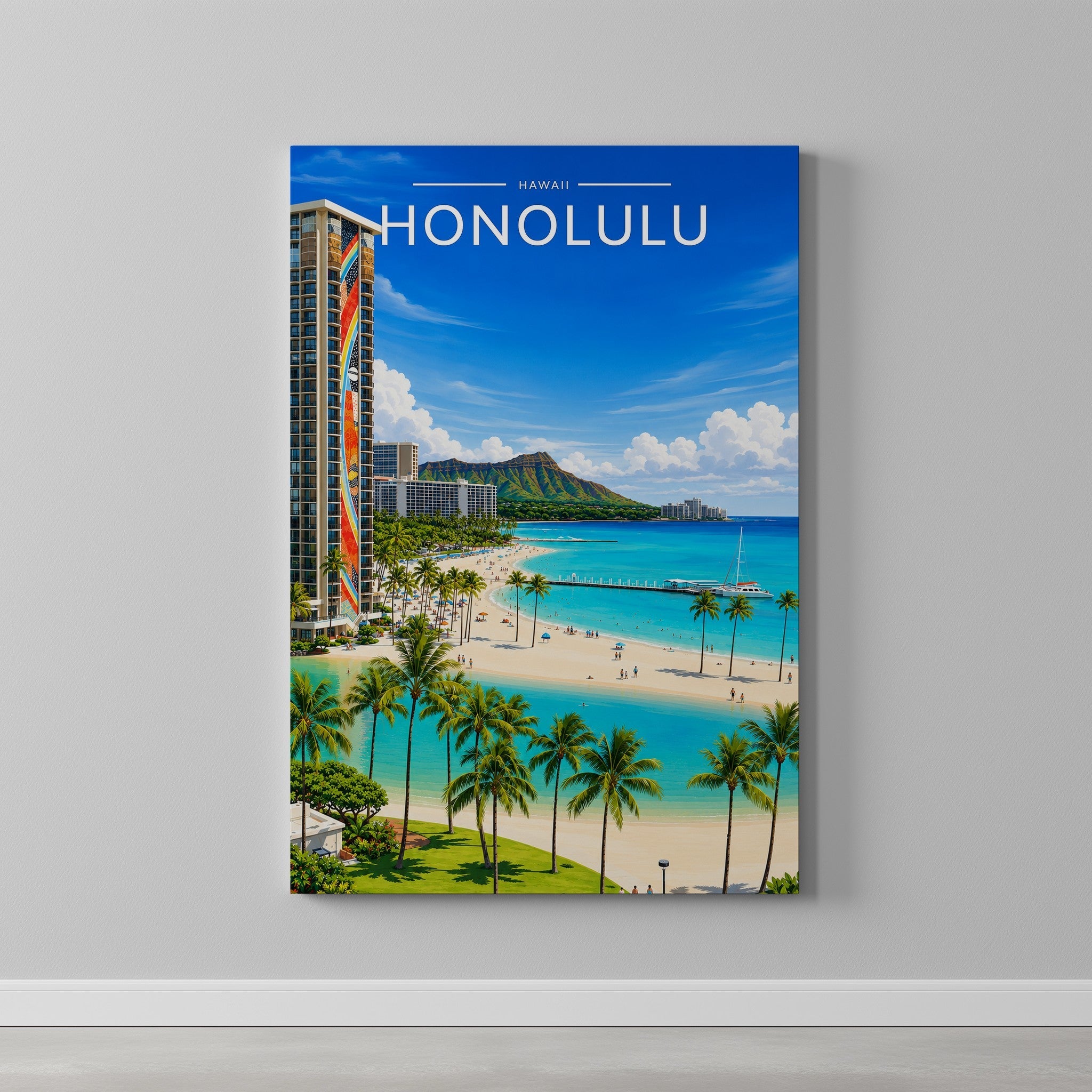 Honolulu #2 Travel Poster as a gallery-wrapped canvas on a plain wall