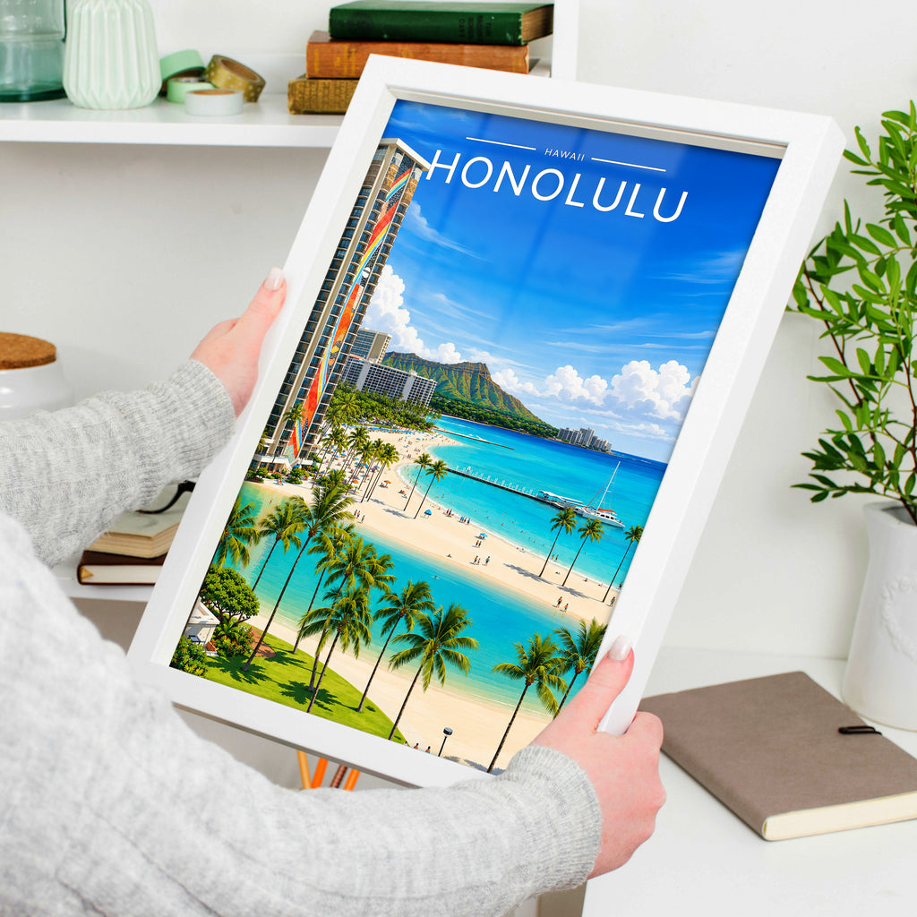 Honolulu #2 Travel Poster in a white frame, held to show scale