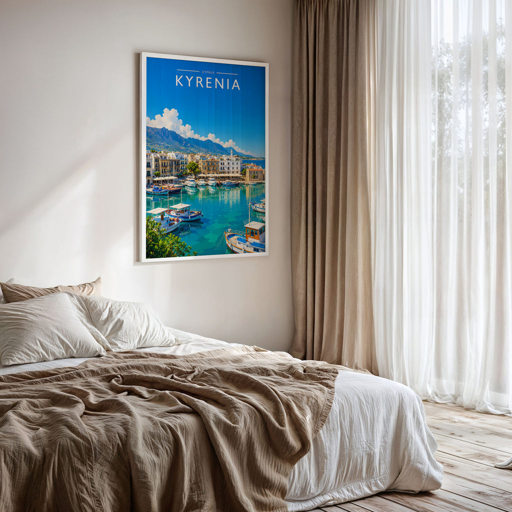 Kyrenia Travel Poster framed on a bedroom wall