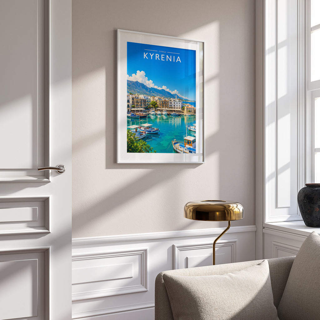 Kyrenia Travel Poster in a white frame on a panelled wall