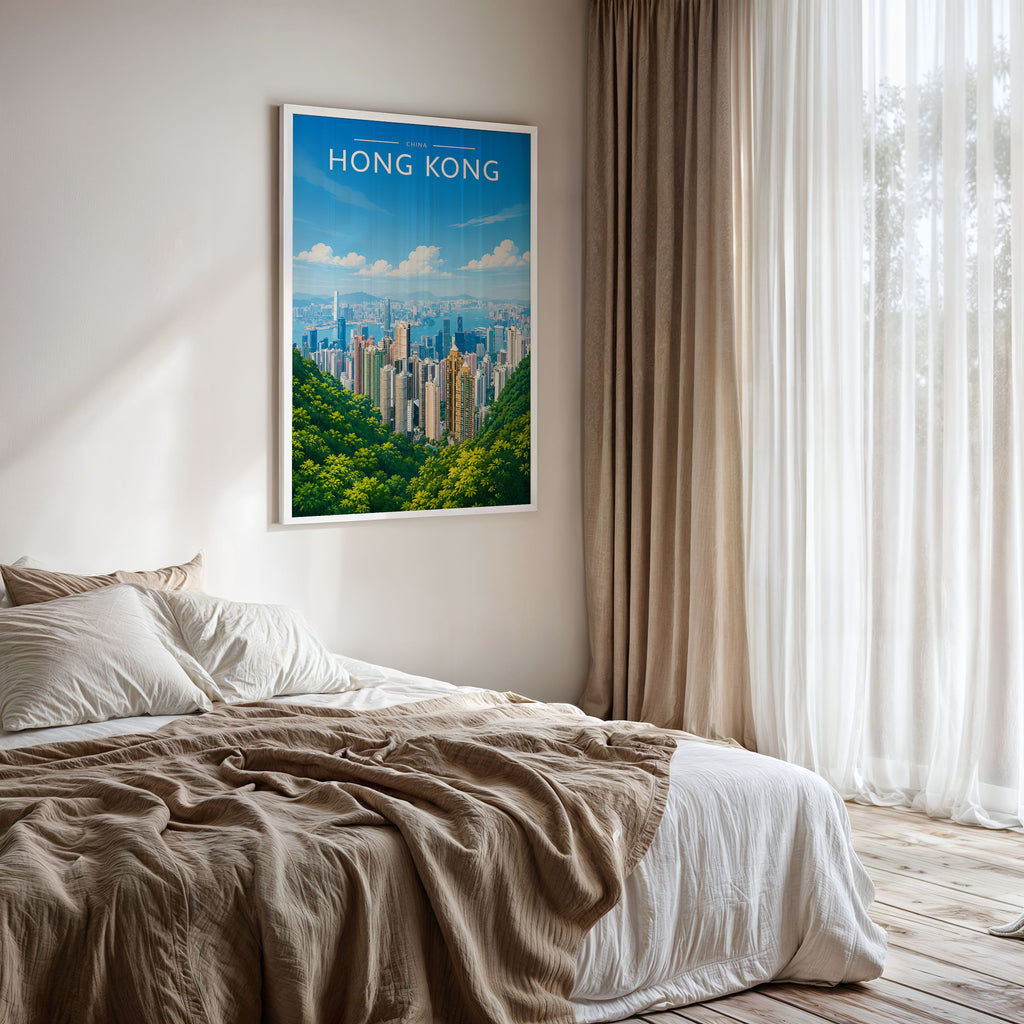 Hong Kong #2 Travel Poster framed on a bedroom wall