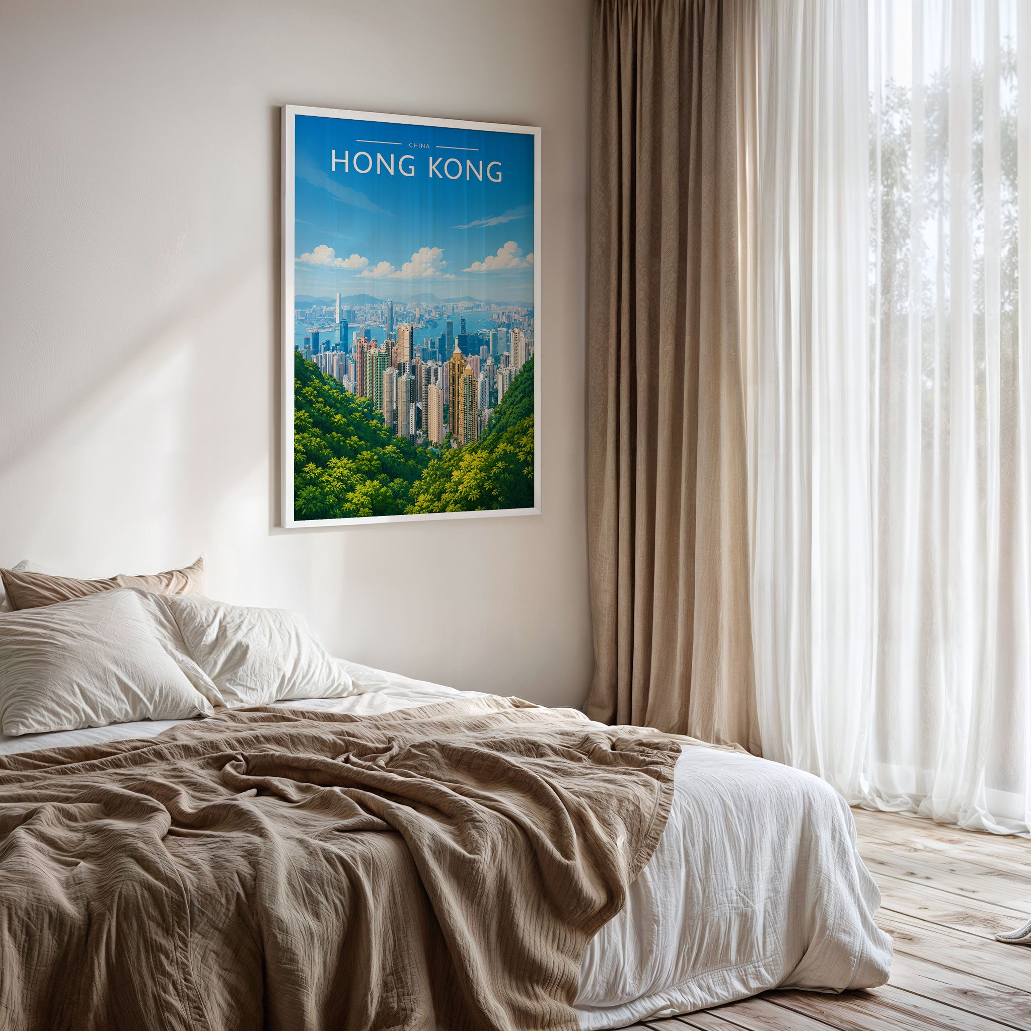 Hong Kong #2 Travel Poster framed on a bedroom wall