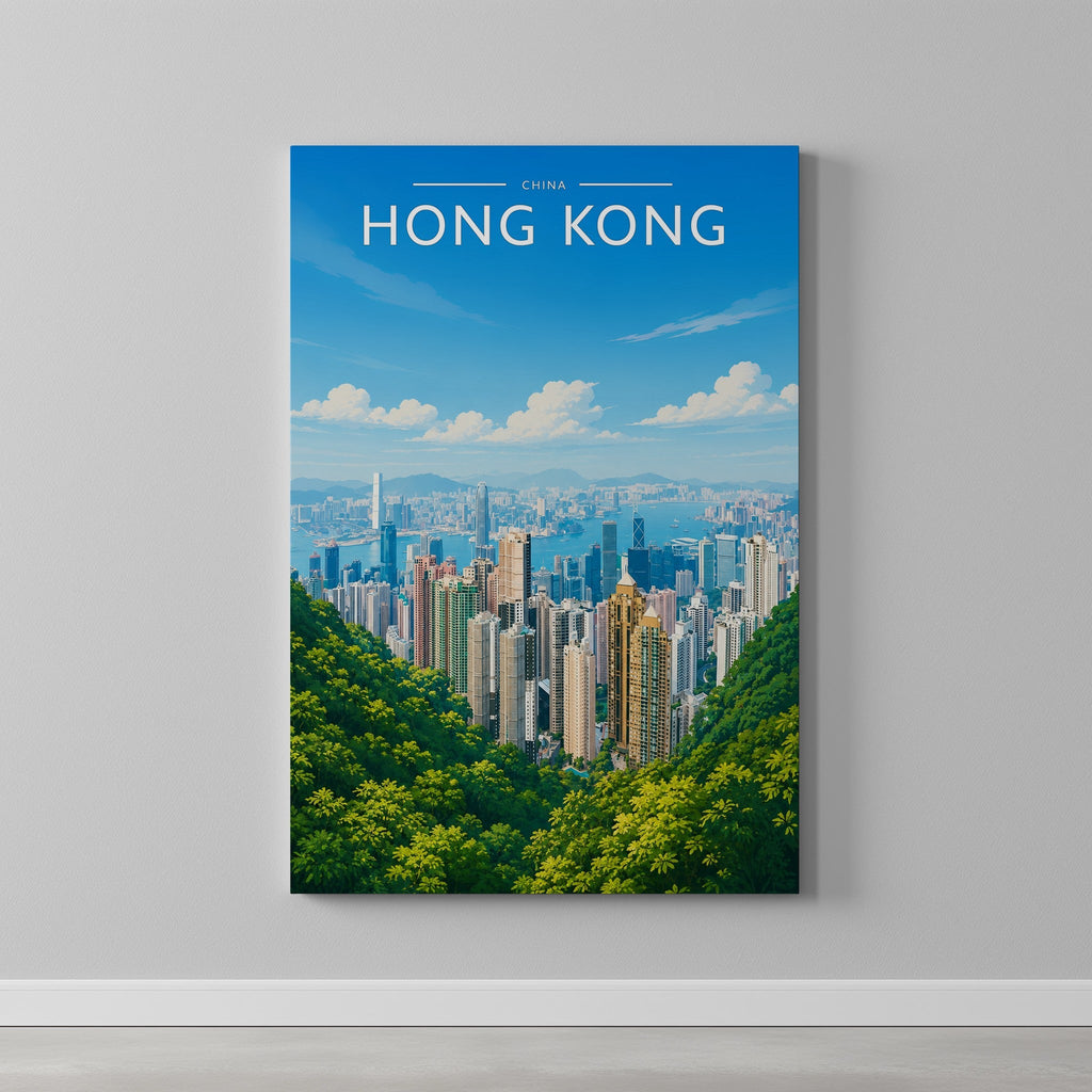Hong Kong #2 Travel Poster as a gallery-wrapped canvas on a plain wall