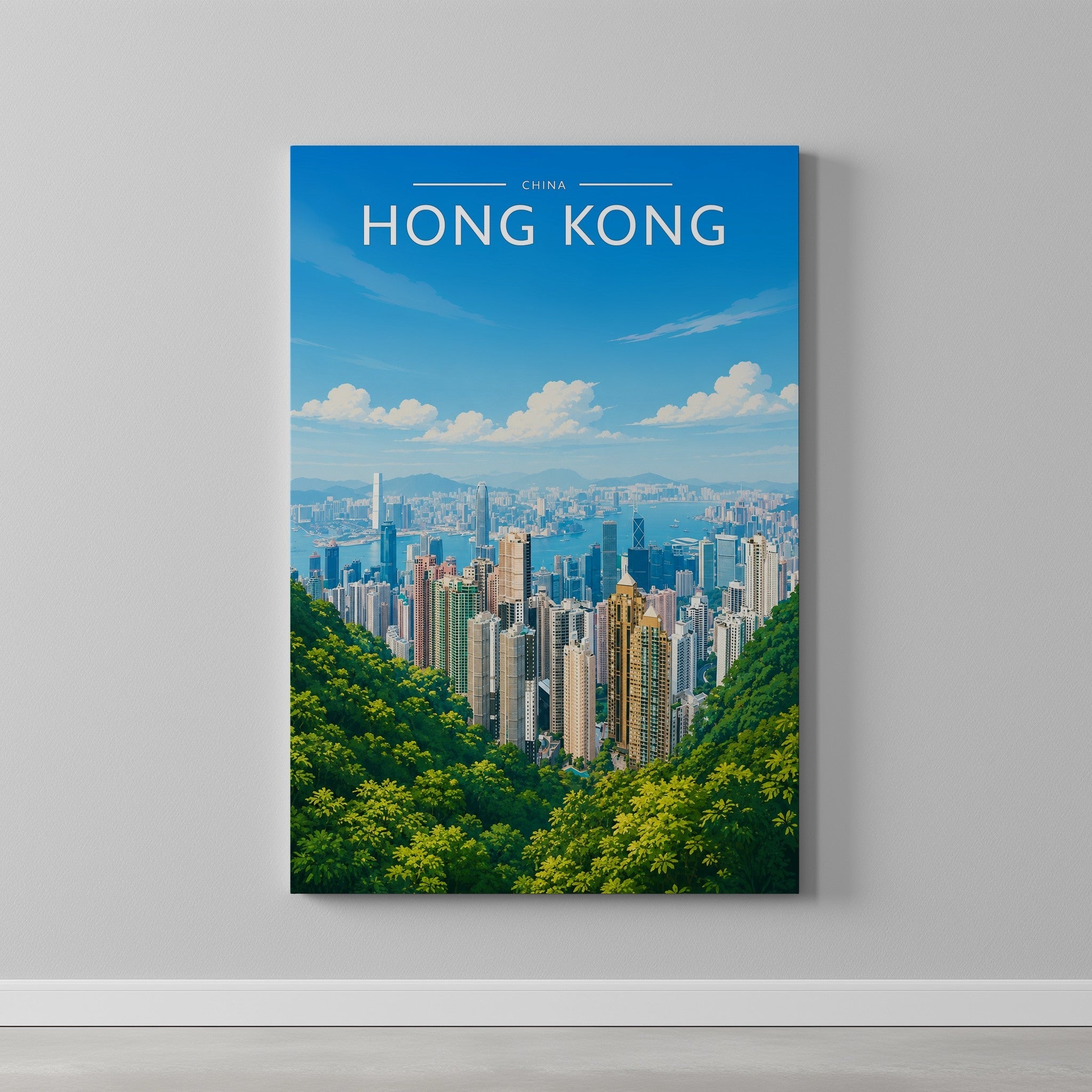 Hong Kong #2 Travel Poster as a gallery-wrapped canvas on a plain wall