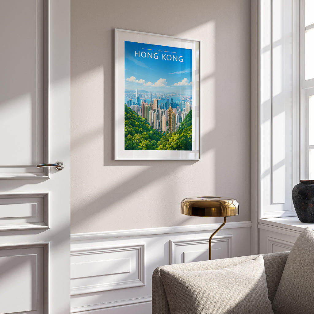 Hong Kong #2 Travel Poster in a white frame on a panelled wall