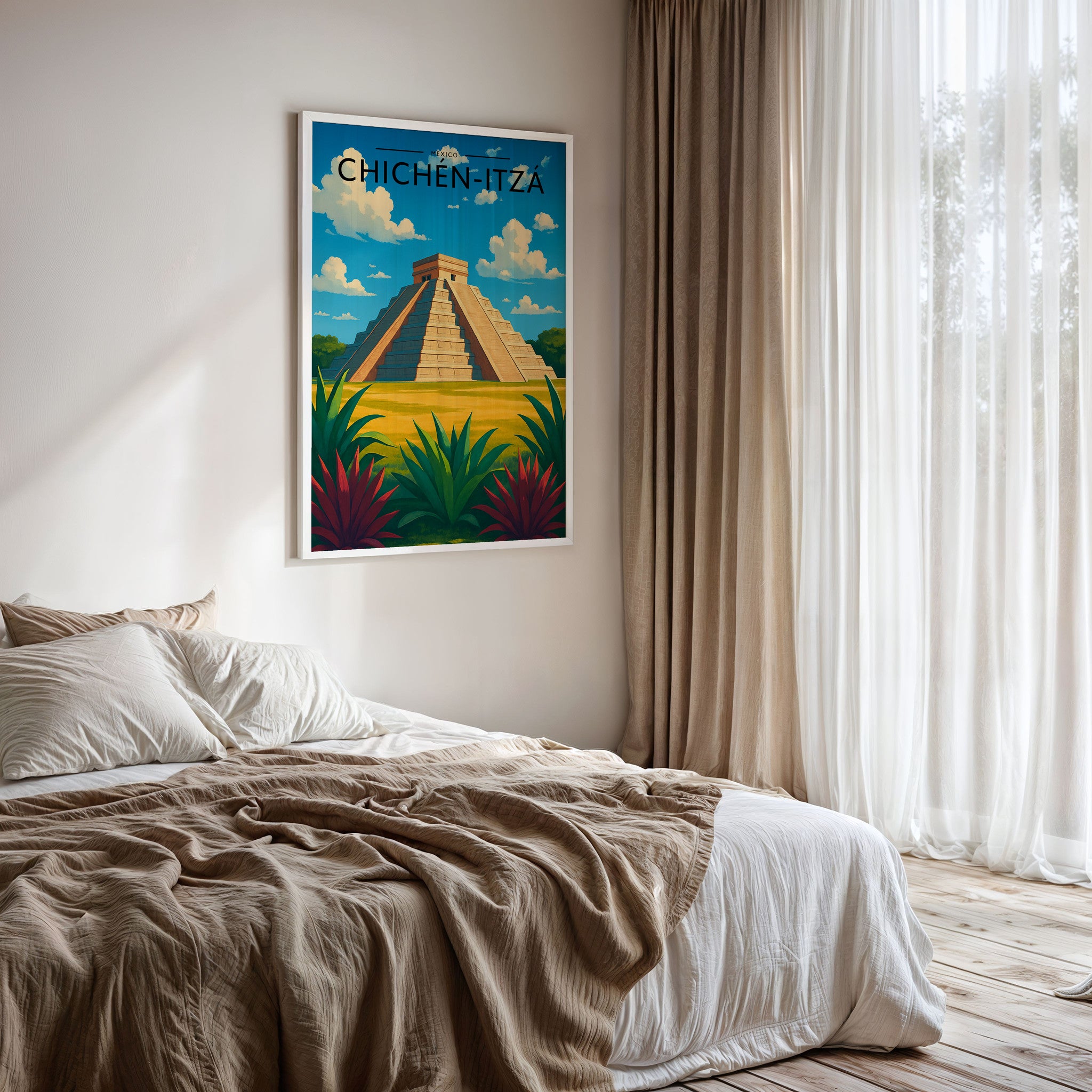 Chichén-Itzá Travel Poster framed on a bedroom wall