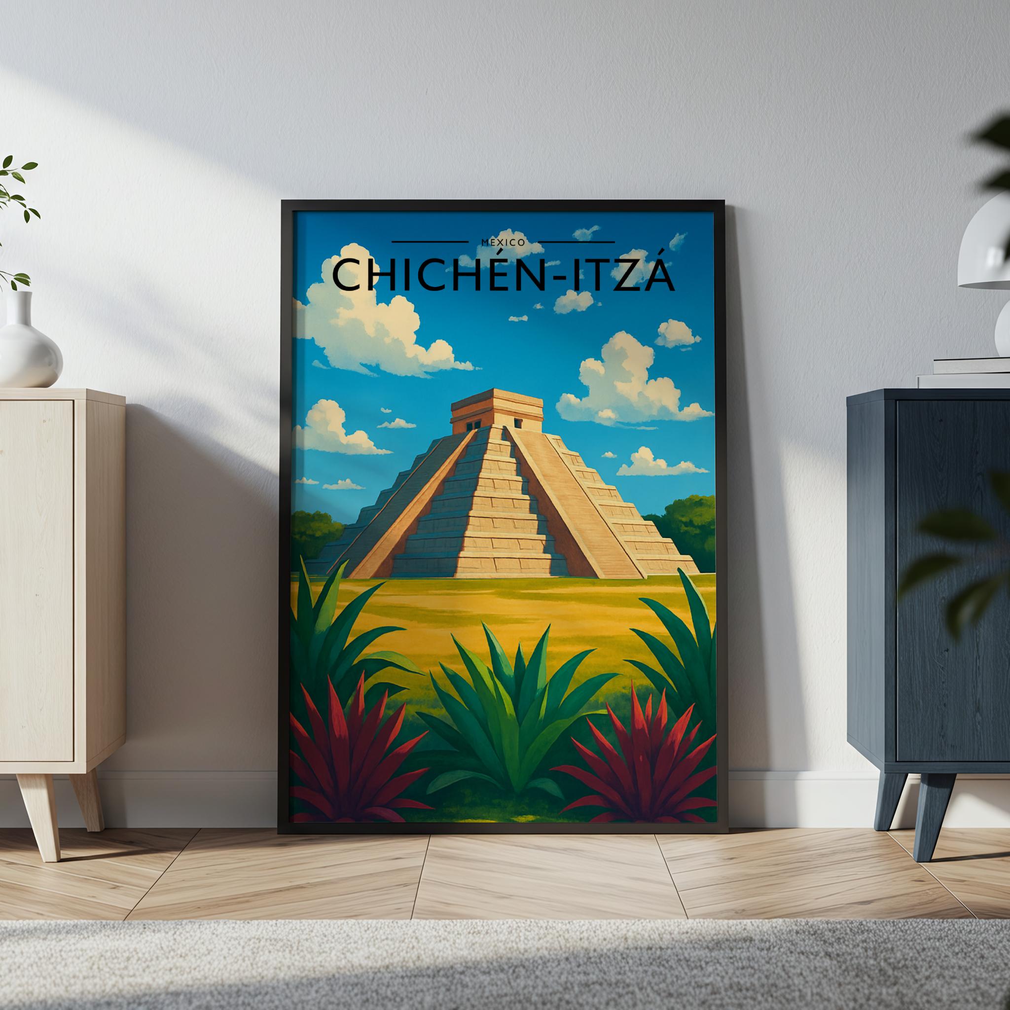 Chichén-Itzá Travel Poster in a black frame