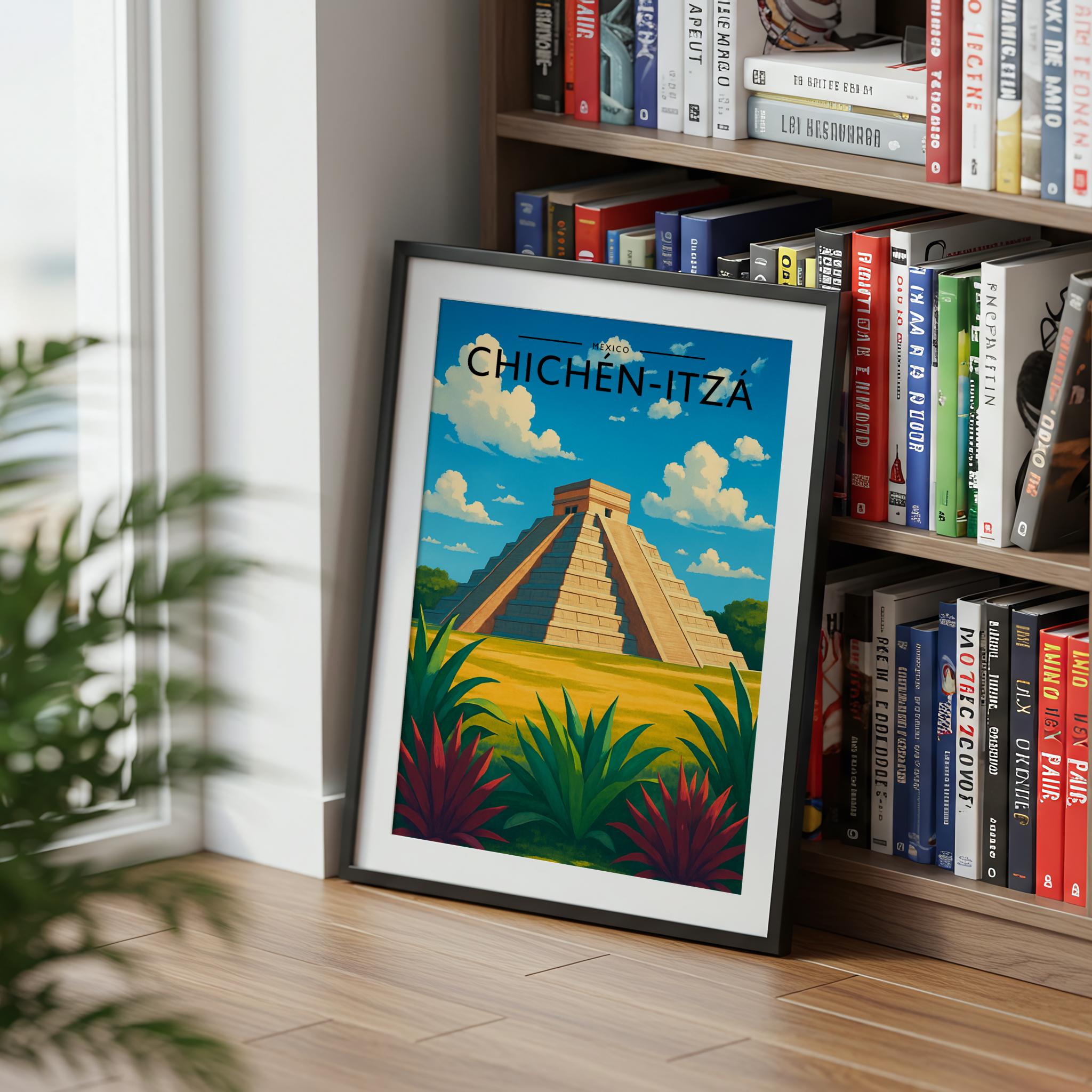 Chichén-Itzá Travel Poster mounted in a black frame