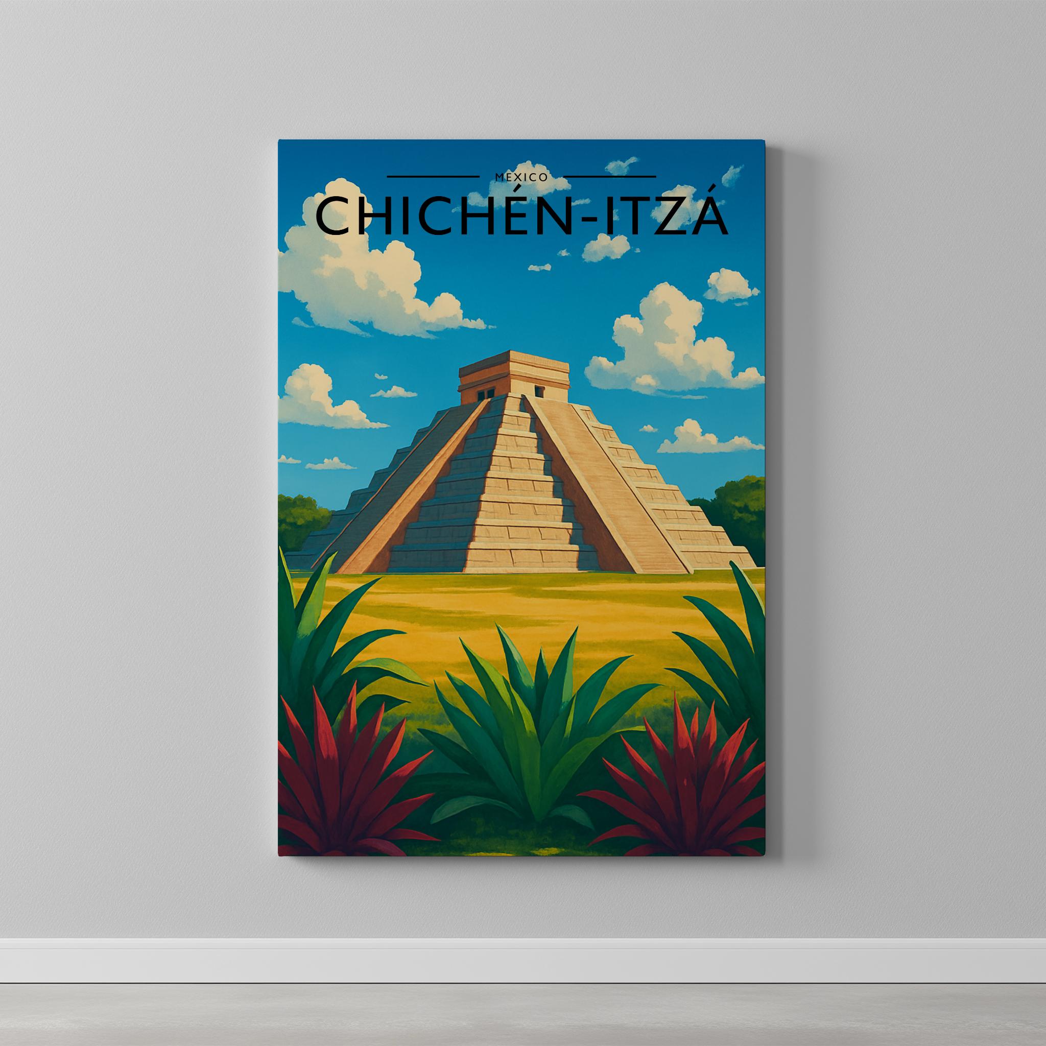 Chichén-Itzá Travel Poster as a gallery-wrapped canvas on a plain wall