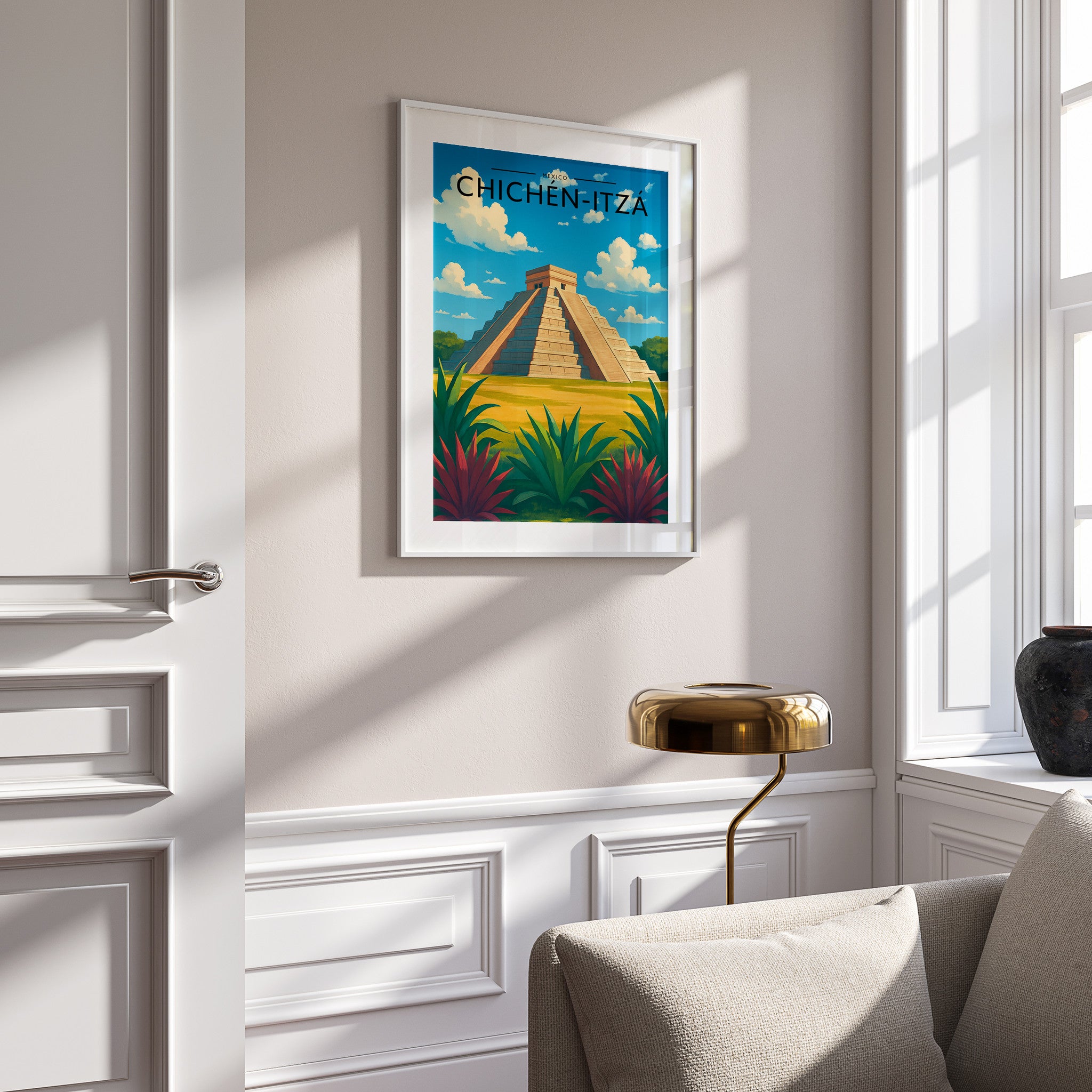 Chichén-Itzá Travel Poster in a white frame on a panelled wall