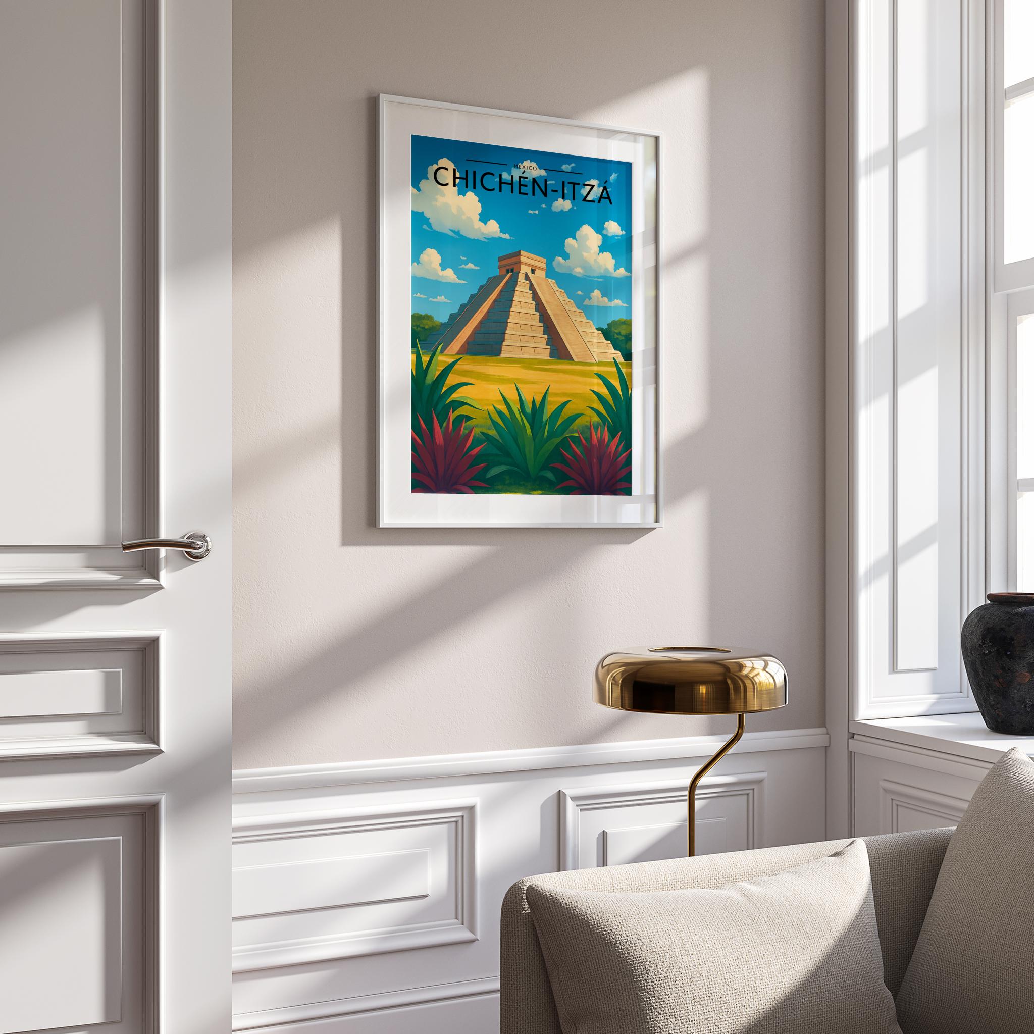 Chichén-Itzá Travel Poster mounted in a white frame