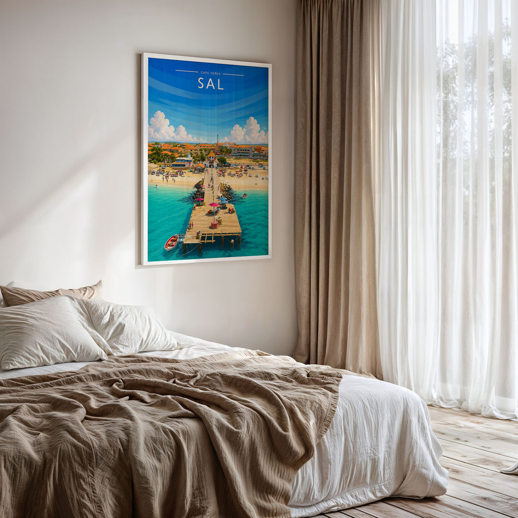 Sal Travel Poster framed on a bedroom wall