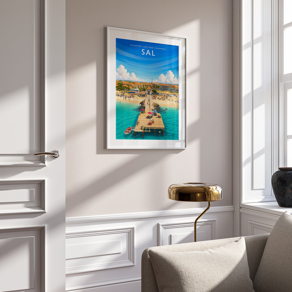 Sal Travel Poster in a white frame on a panelled wall