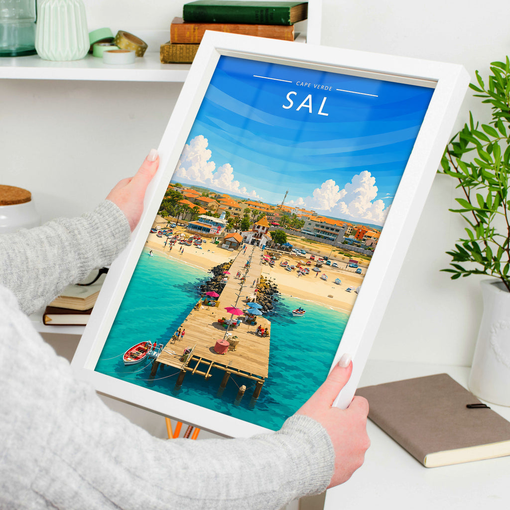 Sal Travel Poster in a white frame, held to show scale