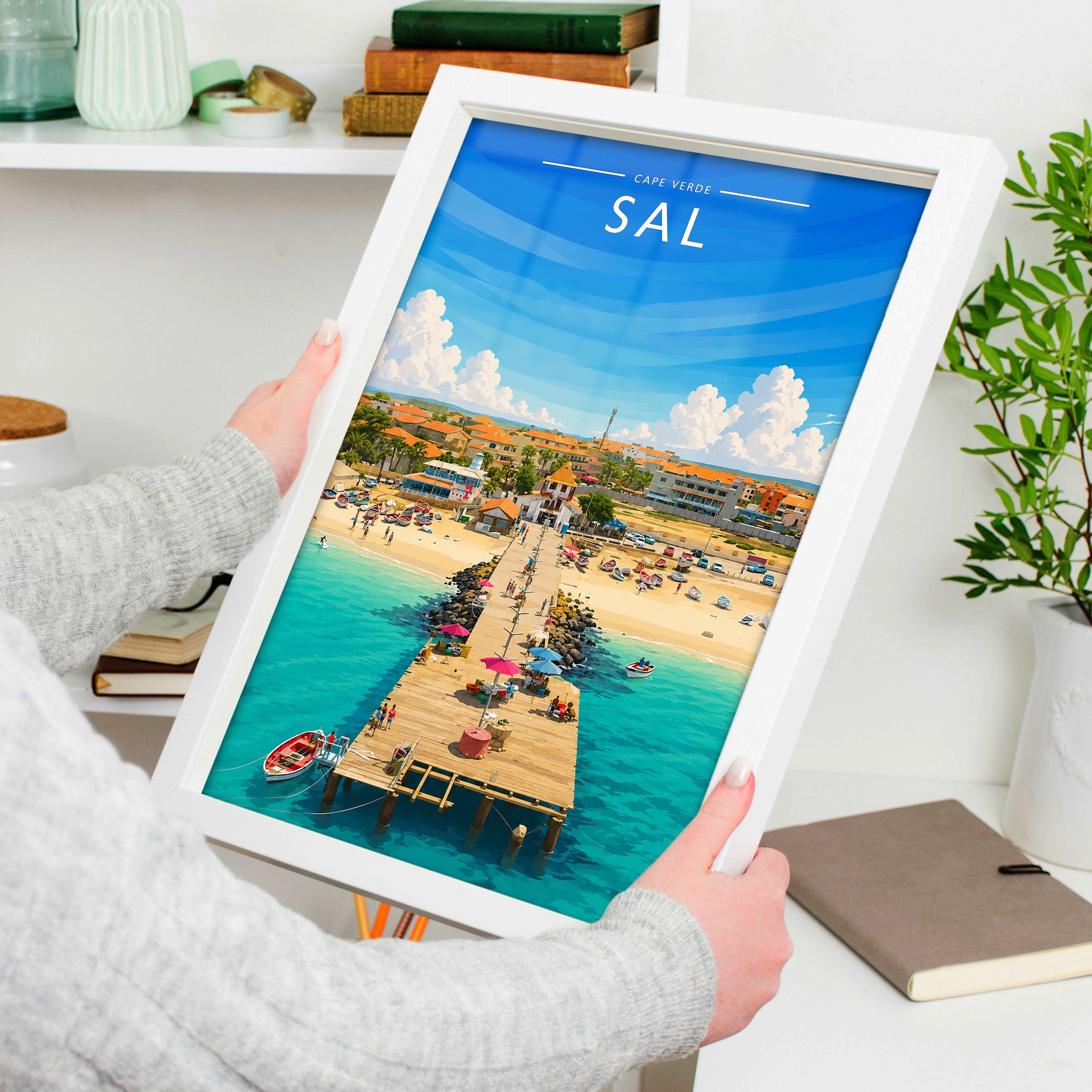 Sal Travel Poster in a white frame, held to show scale