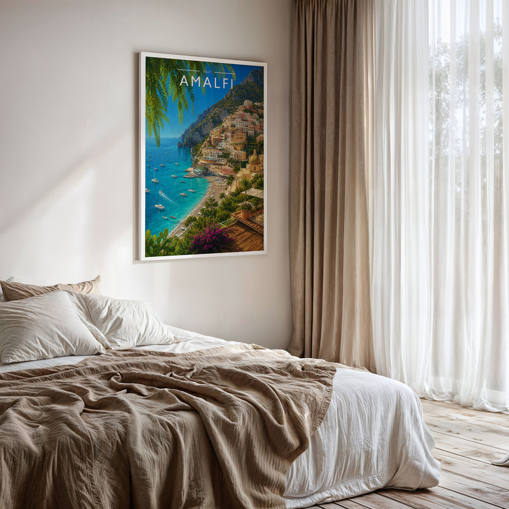 Amalfi Travel Poster framed on a bedroom wall