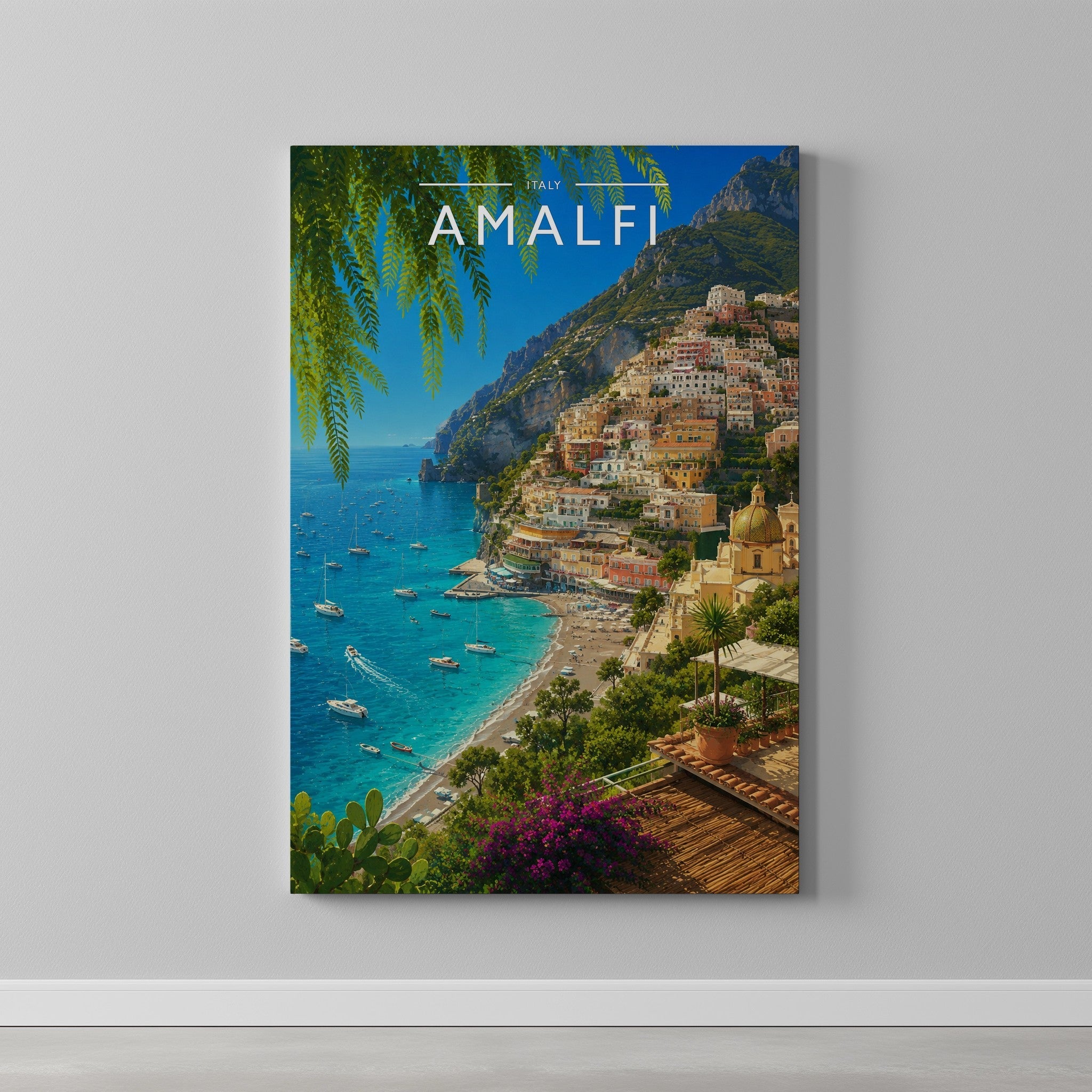 Amalfi Travel Poster as a gallery-wrapped canvas on a plain wall